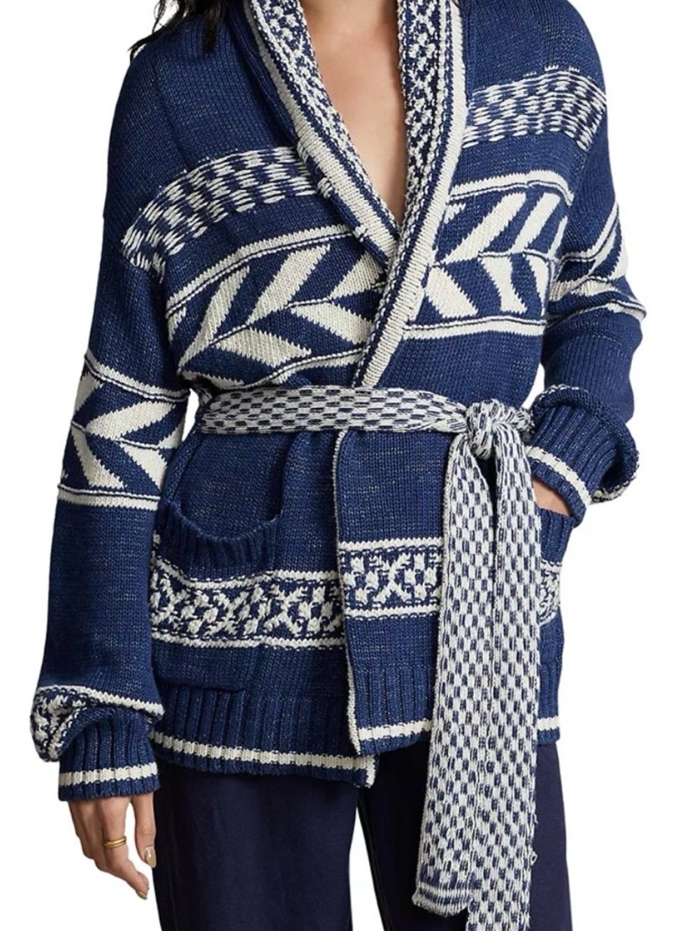 Polo Ralph Lauren Blue and White Patterned Knit Belted Cardigan Sweater